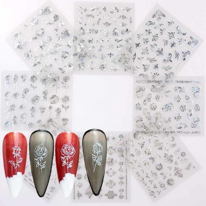 SPLOCUDU 30 Sheets Silver Nail Art Stickers 3D Self-Adhesive Line Nail Decals for Acrylic Nails Lace Leaf Flower Nail Supplies for Nail Art Glitter DIY Design Nail Stickers for Women - Image 4